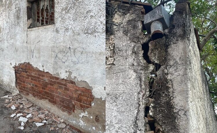 Rachaduras e pedaços do muro se soltando provocam preocupação em quem circula na calçada
