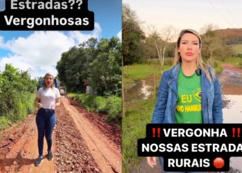 No governo passado, Daniele fazia vídeos com muitas críticas às estradas. Agora, como CC em Lomba Grande, comunidade cobra mesma postura. Reprodução