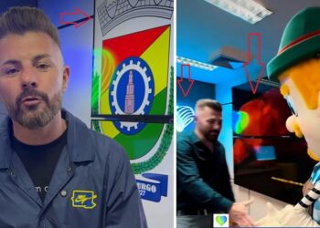 Telas modernas e neon com o símbolo da atual administração. Reprodução