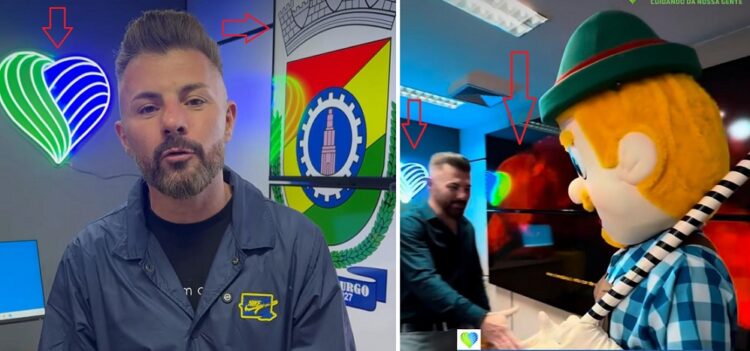 Telas modernas e neon com o símbolo da atual administração. Reprodução
