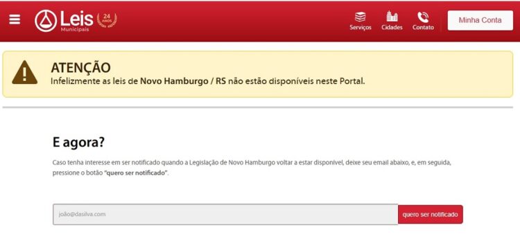As leis municipais de Novo Hamburgo não estão mais disponíveis no site