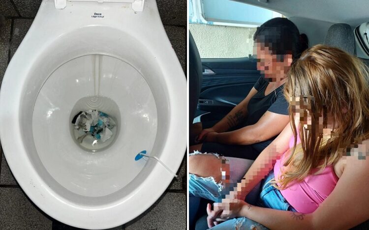 Mulheres foram presas e provas tentaram ser destruídas no vaso sanitário. Fotos PMEV/Divulgação