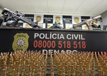 A mulher, de 43 anos, foi presa em flagrante e responderá pelo crime de porte irregular de arma de fogo de uso restrito. Fotos Polícia Civil