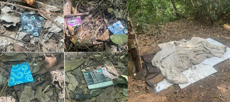 São dezenas de preservativos dentro de trilhas onde tem até uma cama instalada de um provável morador do mato ou frequentador do espaço