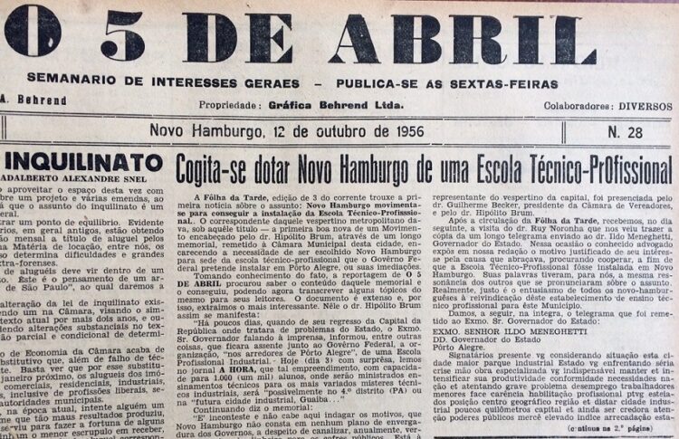 Uma escola técnica em Novo Hamburgo: edição de 12 de outubro de 1956 do jornal O 5 de Abril