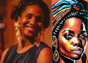 Cantora e compositora cubana Indira Castro e tela que está na exposição. Fotos Divulgação