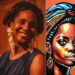 Cantora e compositora cubana Indira Castro e tela que está na exposição. Fotos Divulgação