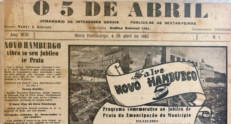 Capa do jornal O 5 de Abril com a edição de 4 de abril de 1952 celebrando os 25 anos do município e a criação da Banda Municipal
