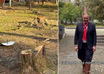 Cenário de devastação e destruição na Praça; ao lado, o secretária da Cultura afirmando: Cuidando da nossa gente