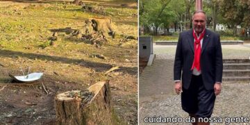 Cenário de devastação e destruição na Praça; ao lado, o secretária da Cultura afirmando: Cuidando da nossa gente