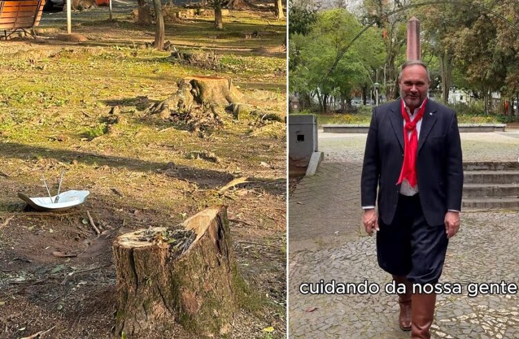 Cenário de devastação e destruição na Praça; ao lado, o secretária da Cultura afirmando: Cuidando da nossa gente